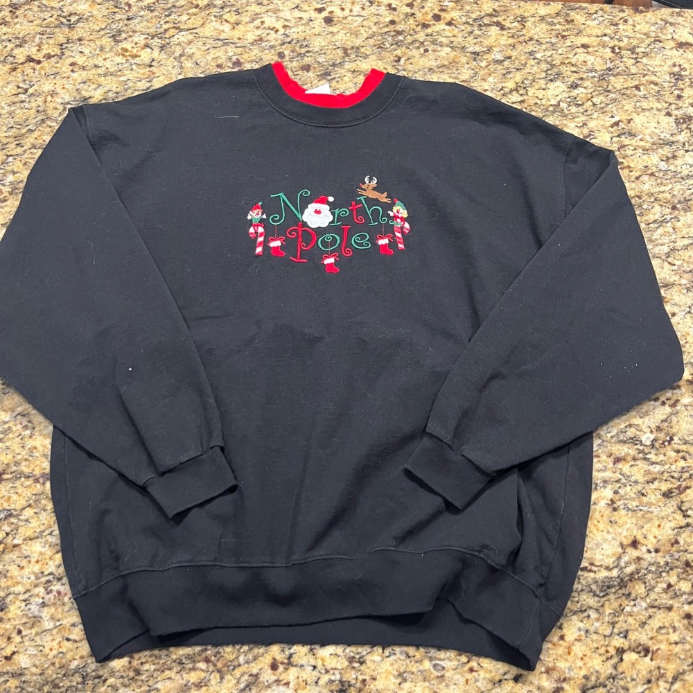Pleasant Shade North Pole Christmas Sweatshirt Womens 1X Black Red Santa Elf